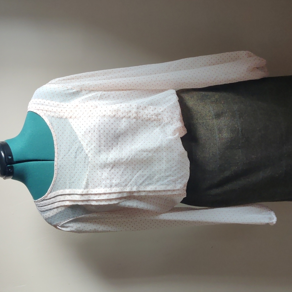 Sheer ivory blouse with brown dots, smocked waist
